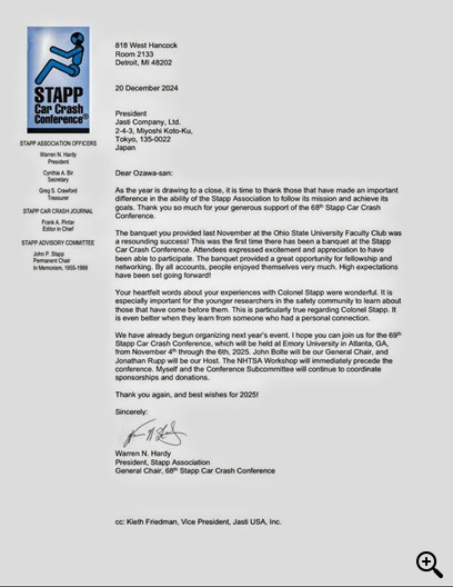 After the conference, we received a thank you note from the STAPP Car Crash Conference.